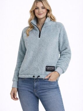 Calvin Klein Women's Light Blue Sherpa Half-Zip Teddy Jacket